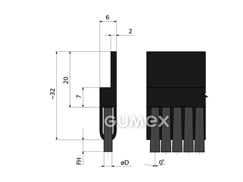 Profil mit Bürste 3002, 36x6mm, Bürstenlänge 4mm, Ø 0,15mm, Neigung 0°, TPE/PA6, -20°C/+100°C, 